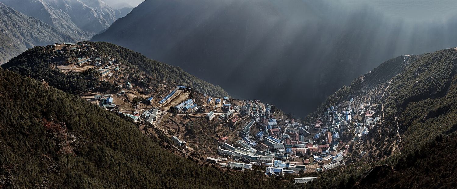 The town of Namche Bazaar built into the hillside in the Khumbu