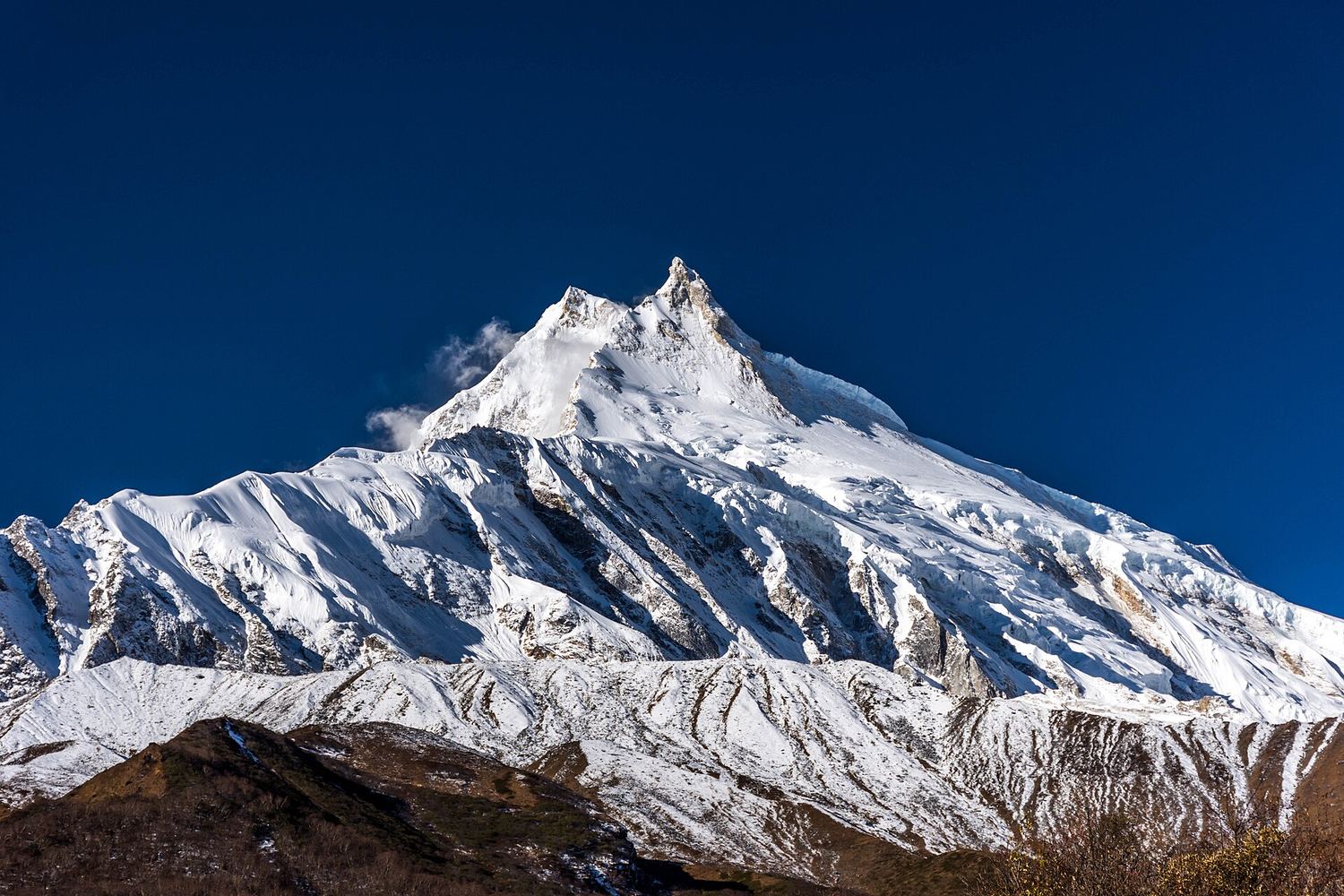 Mount Manaslu rising above the Budhi Gandaki valley